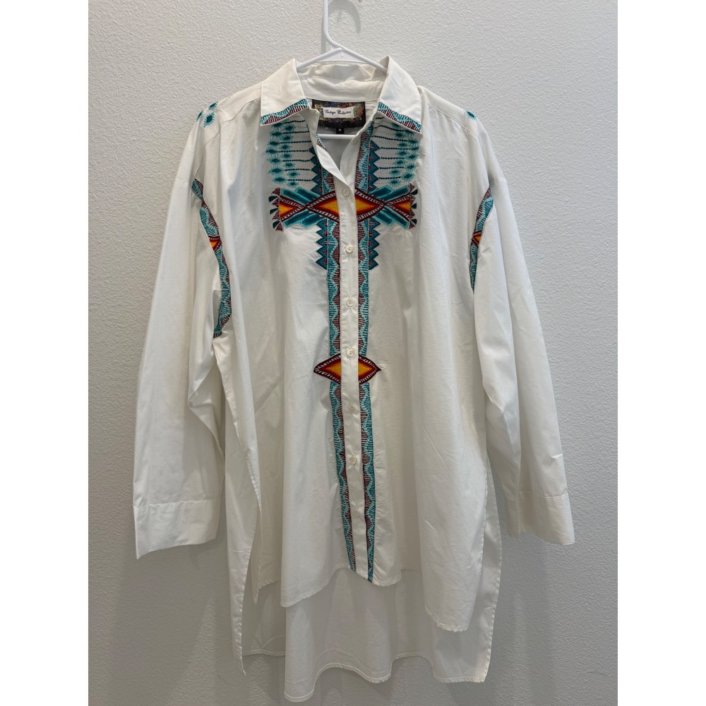 Vintage Collection‎ White Southwestern Embroidered High Low Button Down Shirt M